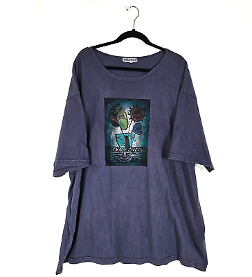 #ad Bluefish Women#x27;s 3 Lagenlook Hand Printed Organic Cotton Short Sleeve Shirt USA $128.88