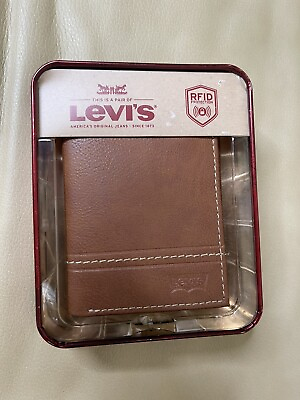 #ad Levi#x27;s Men#x27;s Tan Leather RFID Protection Wallet NWT and Box $31.49