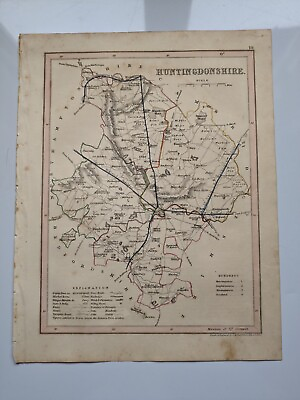 #ad County map of Huntingdonshire England hand coloured c1860 GBP 9.00