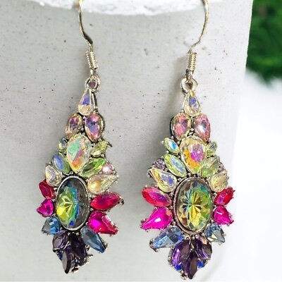 #ad Pendant Earrings Womens 2” Multicolored Pave Crystal Drop Chandelier Jewelry * $19.98