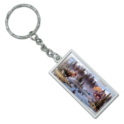 #ad Moose Cabin Forest Woods Canoe Pattern Rectangle Plated Metal Keychain Key Chain $7.99