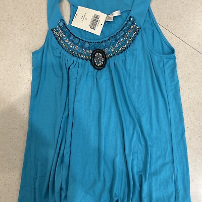 #ad Boston Proper Blue Beaded Neckline Tee Tank Blouse Shirt New Tags Size S Small $19.95