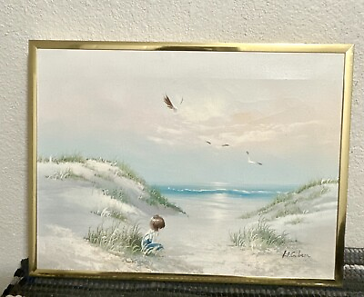#ad Gold FRAMED 🌊 Beach 🌊 Oil On Canvas Painting Ocean Seascape Realism SIGNED $88.00