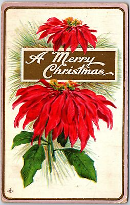 #ad A Merry Christmas Poinsettia Flowers Elegant Color Greetings Card Postcard $8.99