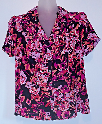 #ad Worthington 1X Career Casual Comfort Black Pink Ruffle Butterfly Sleeve ButtonUp $11.49