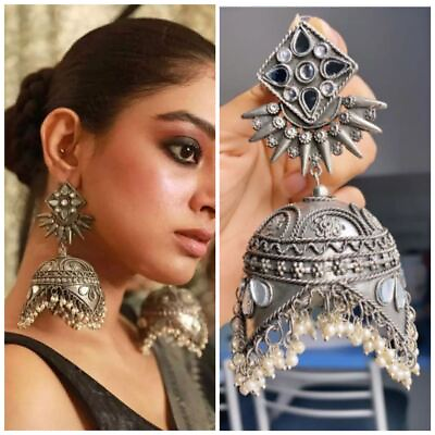 #ad Ethnic Indian Traditional Bollywood Style Silver Oxidized Jhumka Long Earrings $13.19
