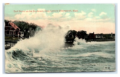 #ad Postcard Surf Storm on Boulevard from Lynn to Swampscott Mass 1915 T94 $5.97