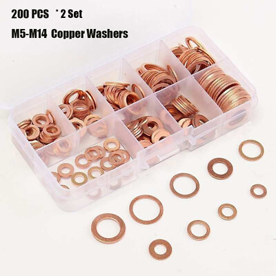 #ad 2sets 200pcs Solid Copper Gasket Nut amp; Bolt Washers Sump Plugs Seal Flat W4M3 $16.69