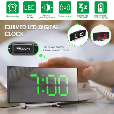 Digital LED Curved Screen Desktop Mirror Clock Display Temperature Snooze Alarms $15.95
