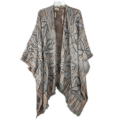 #ad NWT World Market Kimono Wrap Gray Tan Multi Weave Textured Fringe Boho 1 Size $29.98
