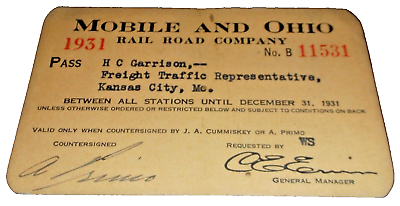 #ad 1931 MOBILE AND OHIO RAIL ROAD EMPLOYEE PASS #11531 $50.00