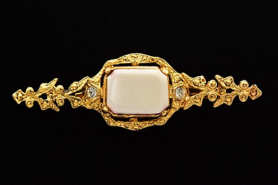 #ad Vintage Cabochon Pin Brooch White Brushed Antiqued Gold Bar Small 1980s BinAJ $11.16