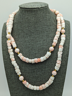 #ad Vintage Gold Tone Blush Pink White Irregular Round Plastic Beaded Necklace $5.99