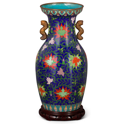 #ad US Seller Vintage Royal Blue Floral Motif Chinese Cloisonne Vase $1280.00