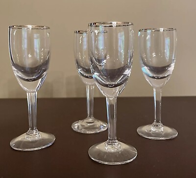 #ad Lot Of 4 Vintage 4” Clear Fostoria Cordial Liqueur Glasses With Platinum Rim $29.99