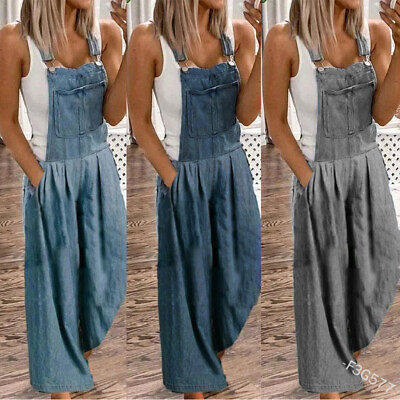 #ad Womens Denim Rompers Casual Suspender Pants Wide Leg Overall Loose Trousers Pant $38.70