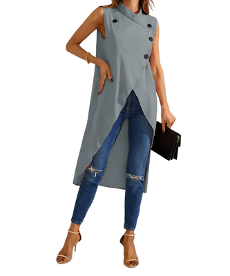 #ad Pantalon Gray Button Front Wrap Asymmetric Hi Low Top Women Size XXL $30.83