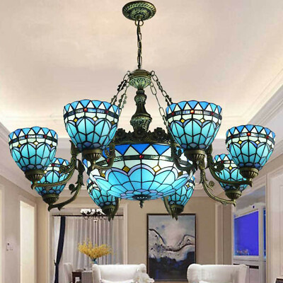 #ad Tiffany Pendant Light Stained Glass 9 Light Ceiling Chandelier Deco Hanging Lamp $399.00