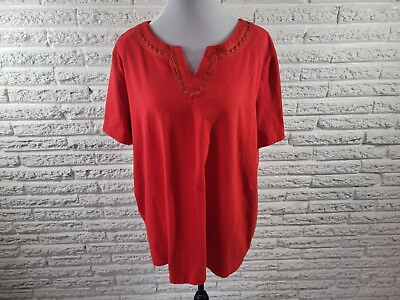 #ad Coral Bay Womens Top 2X Short Sleeve Studded Embroidered Red Notch Neck Casual $17.99