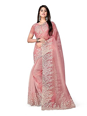 #ad Embroidered Organza Saree with Swarovski Crystals Pink Saree For Wedding $32.23