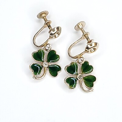 #ad Vintage Enamel Four Leaf Clover Dangle Earrings Green Irish Luck St Patricks Day $17.95