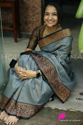 #ad Fashion Women#x27;s Banarasi Silk Blend Woven Zari With Tussles Saree and Jacquard $28.99