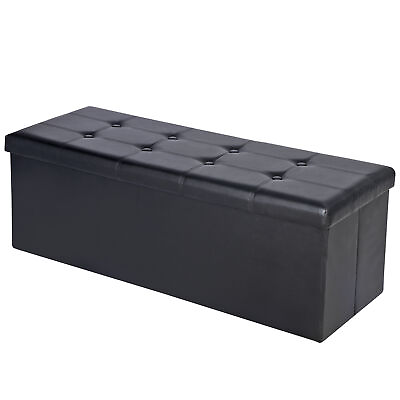 #ad 43quot; Folding Storage Ottoman Bench Faux Leather Footrest Chest with Divider Black $39.58