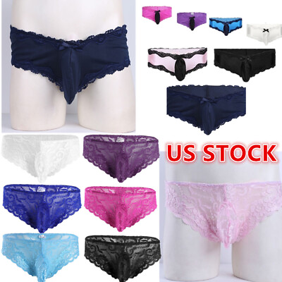 #ad US Mens Floral Lace Sissy Pouch Bikini Briefs Girlie Panty Crossdress Underwear $3.99