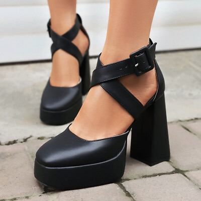 #ad Ladies Block High Heel Buckle Strap Platform Shoes Sandals Party Closed Toe Pump $48.04