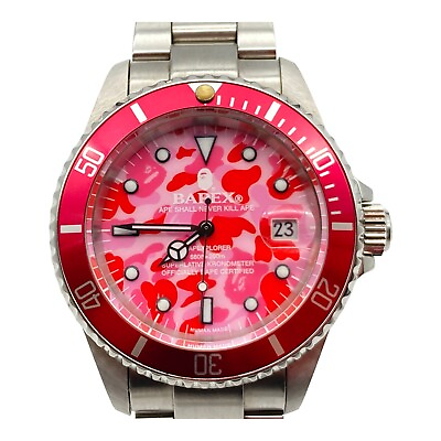 #ad A Bathing Ape BAPEX Type 1 Automatic Silver Pink Camo Dial Men#x27;s Watch with box $378.00