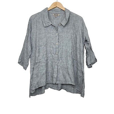 #ad Flax Gray Linen Button Front Short Sleeve Shirt Boxy Collared Size Small $28.99