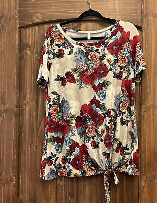#ad Yee Large Women’s Blouse Shirt Top Boho Peasant Tie Short Sleeve Floral Boutique $10.00