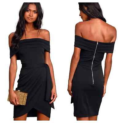 #ad Lulus Dress Hot Date Honey Off Shoulder Faux Wrap Bodycon Ruched Black NEW XS $50.00