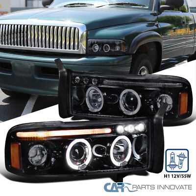 #ad Fit 1994 2001 Dodge Ram 1500 2500 3500 LED Halo Projector Headlights Lamps Smoke $115.95