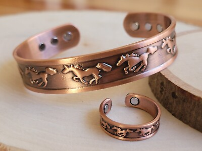 #ad Solid Copper Magnetic Adjustable Arthritis Bracelet Cuff Ring Set Running Horse $19.95