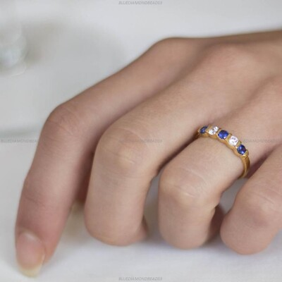 #ad Sapphire Diamond September Band Wedding Ring 14k Yellow Gold Fine Jewelry $1637.30