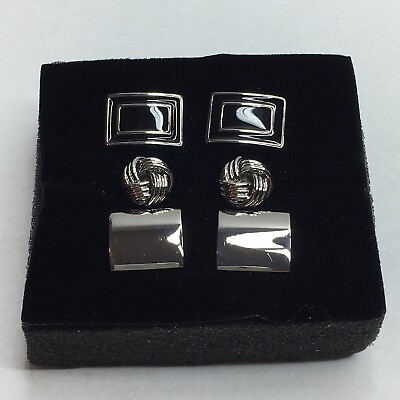 #ad Silver tone men#x27;s cufflink set of 3 minimalistic smart rectangle and knot shape GBP 7.99