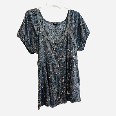 #ad Torrid Womens Top 2X Gray Floral Babydoll Button Front Puff Sleeve Lace Trim $25.00