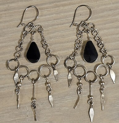 #ad Peruvian Semi precious Black Onyx Earrings Alpaca Silver Handmade Peru $12.99