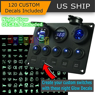 5 Gang On Off Blue LED Toggle Switch Panel Voltmeter Dual USB Car Boat Marine $24.95