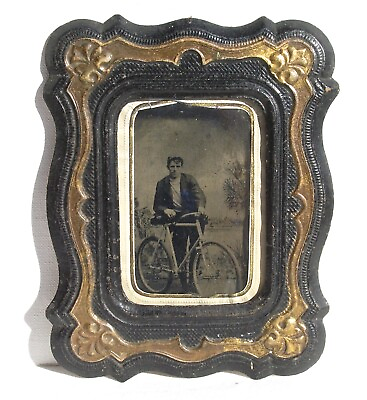 #ad Antique Tintype Photograph Man w Bicycle in Original Frame $59.95