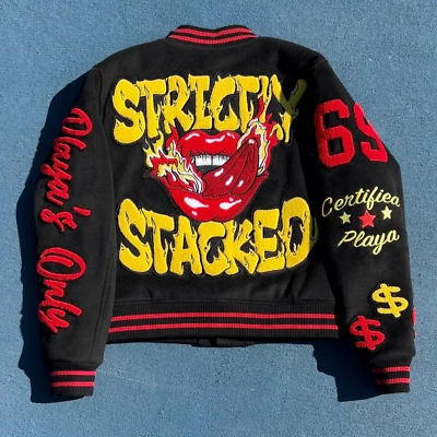 #ad American Retro Letter Flocking Embroidery Baseball Varsity Jacket Men Women $57.90