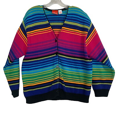#ad Vintage Womens Cardigan Sweater MEDIUM Striped Knit Colorful Cotton Liz amp; Co USA $20.39