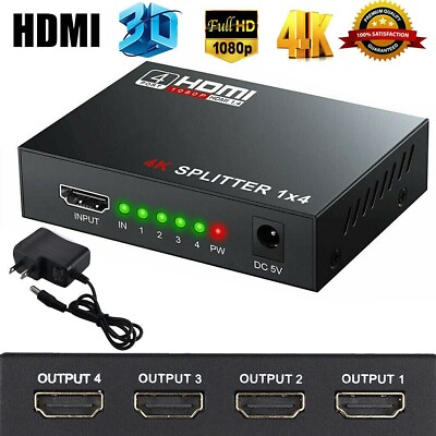 #ad #ad HD 4K 4 Port HDMI Splitter 1x4 Repeater Amplifier 1080P 3D Hub 1 In 4 Out $10.99