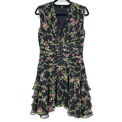 #ad Jill Jill Stuart Dress Women#x27;s Sz 8 Floral Corset Ruffle Tiered Mini Black Pink $71.98
