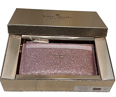 #ad Kate Spade Rose Gold Glitter Large Slim Card Holder Wallet Mitten Pink Rose NWT $58.88