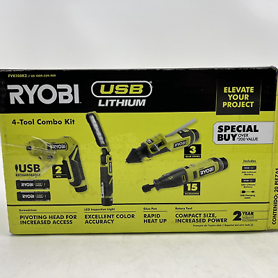 #ad Ryobi Usb Lithium 4 Tool Kit Screw Dr Glue Pen Light Rotary Tool FVK100K2 NEW $188.55