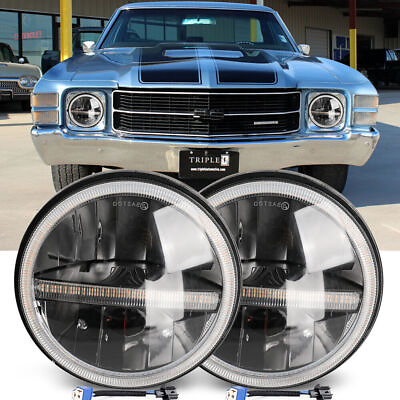 Fit Chevy El Camino 1971 1975 7quot; Inch Round LED Headlights Hi Lo Beam White DRL $77.95