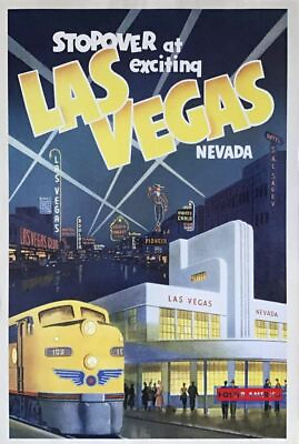#ad Stop Over at Exciting Las Vegas Nevada Vintage Art Print Poster 23.5 x 35 $131.72