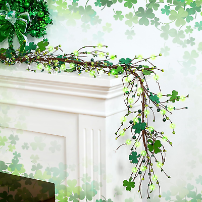 #ad 4.5 Ft St Patrick#x27;S Day Garland with Light Shamrock and Berry Garland St Patrick $62.48